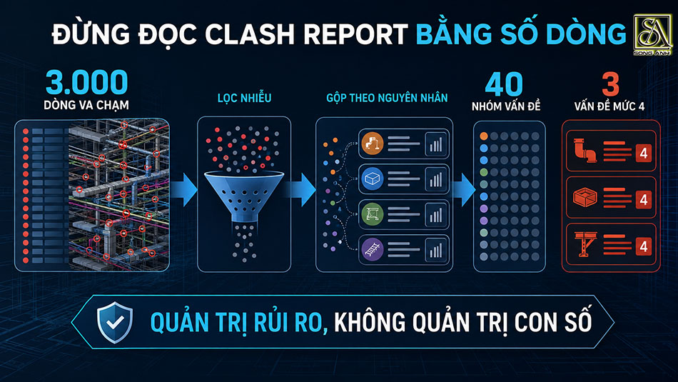 lọc clash report từ 3.000 dòng va chạm thành các nhóm vấn đề theo mức ảnh hưởng